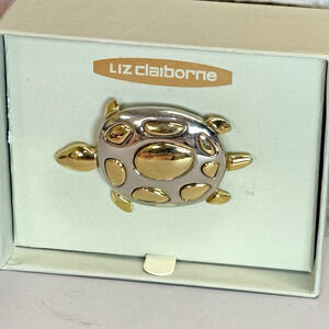 Vintage Liz Claiborne Silver & Gold Tone Turtle‎ Brooch Pin Two Tone w Box